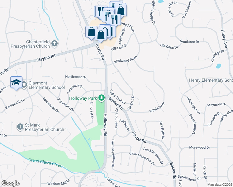 map of restaurants, bars, coffee shops, grocery stores, and more near 240 Aspen Trail Drive in Ballwin