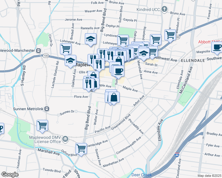 map of restaurants, bars, coffee shops, grocery stores, and more near 7414 Maple Avenue in Maplewood