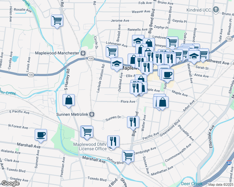 map of restaurants, bars, coffee shops, grocery stores, and more near 7603 Marion Court in Maplewood