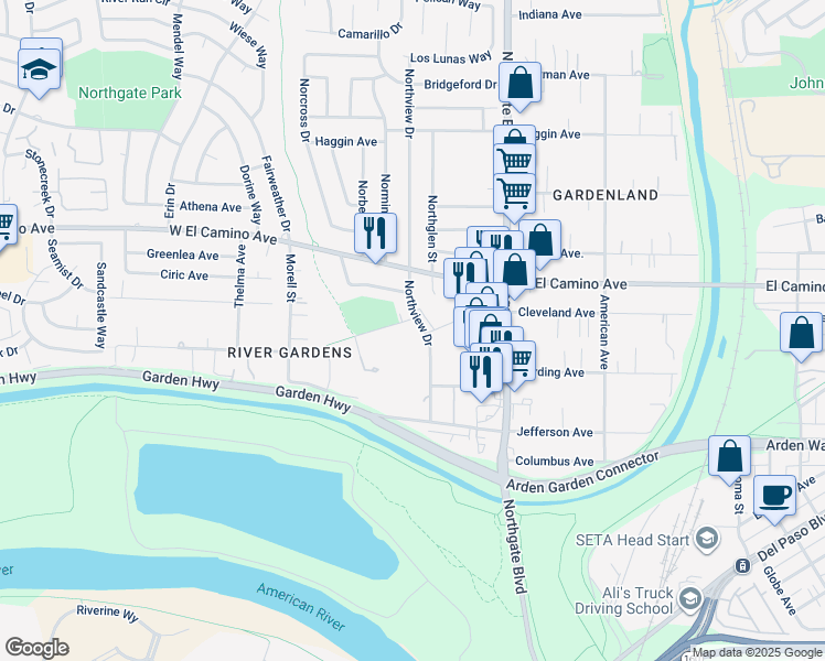 map of restaurants, bars, coffee shops, grocery stores, and more near 2391 Northview Drive in Sacramento