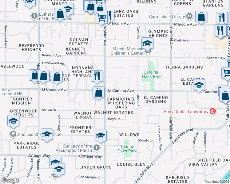 map of restaurants, bars, coffee shops, grocery stores, and more near 5132 El Camino Avenue in Carmichael