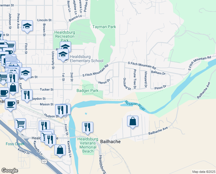 map of restaurants, bars, coffee shops, grocery stores, and more near 818 Quail Court in Healdsburg