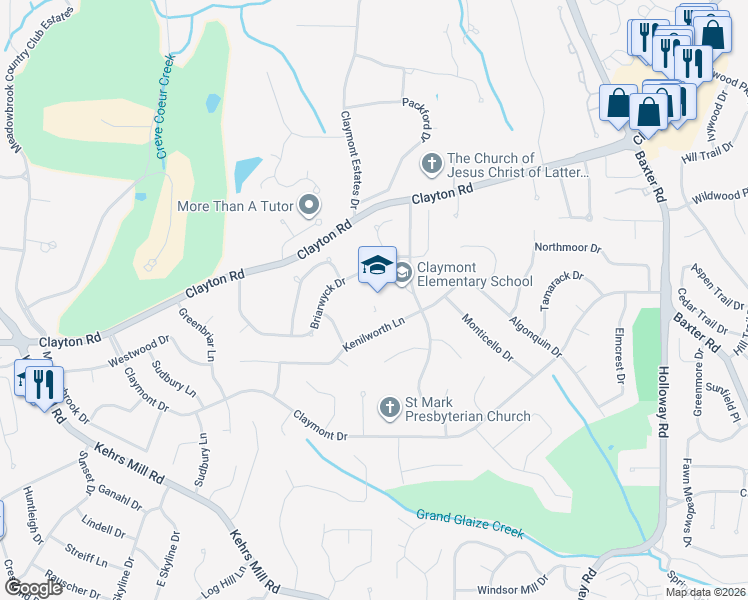 map of restaurants, bars, coffee shops, grocery stores, and more near 405 Country Club Drive in Ballwin