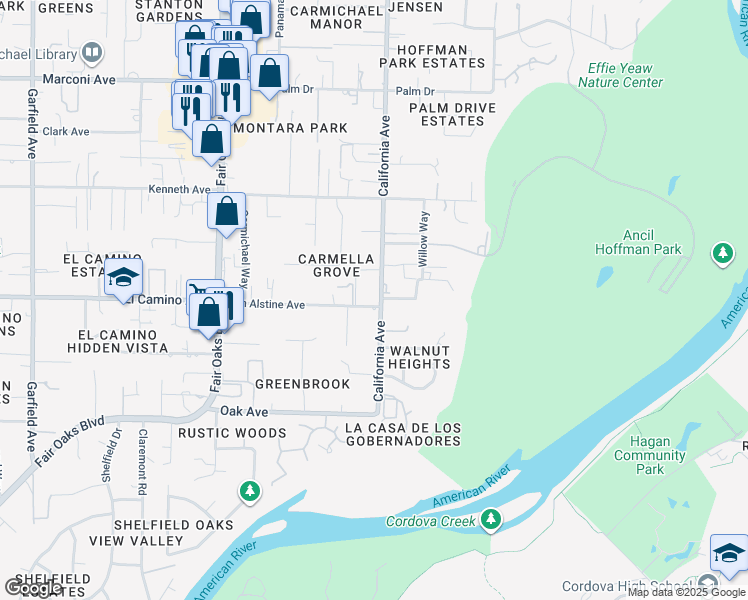 map of restaurants, bars, coffee shops, grocery stores, and more near 2506 California Avenue in Carmichael