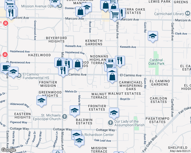 map of restaurants, bars, coffee shops, grocery stores, and more near 2464 Via Camino Avenue in Carmichael