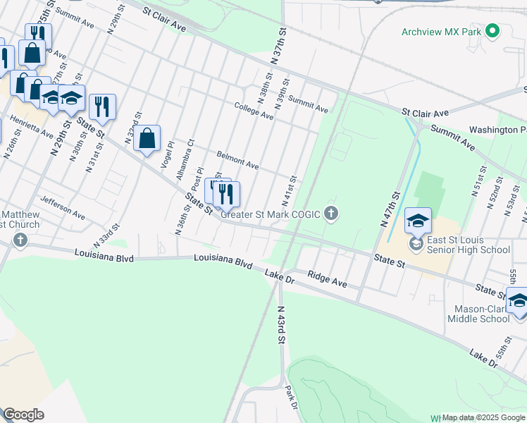 map of restaurants, bars, coffee shops, grocery stores, and more near 614 North 40th Street in East Saint Louis