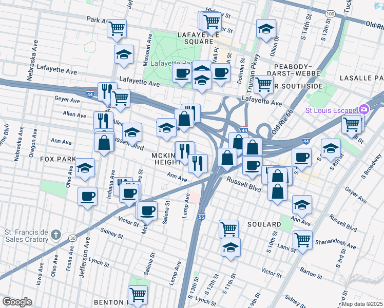 map of restaurants, bars, coffee shops, grocery stores, and more near 1914 Allen Avenue in St. Louis