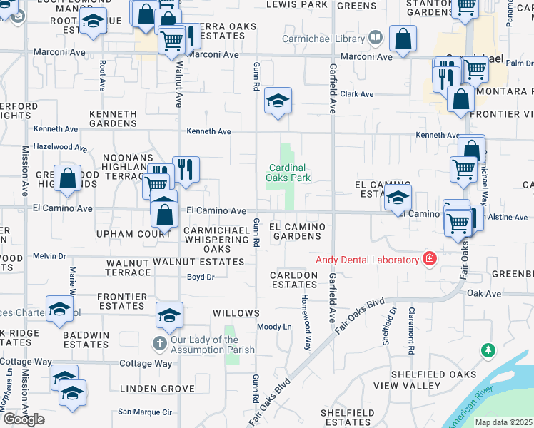map of restaurants, bars, coffee shops, grocery stores, and more near 5314 El Camino Avenue in Carmichael