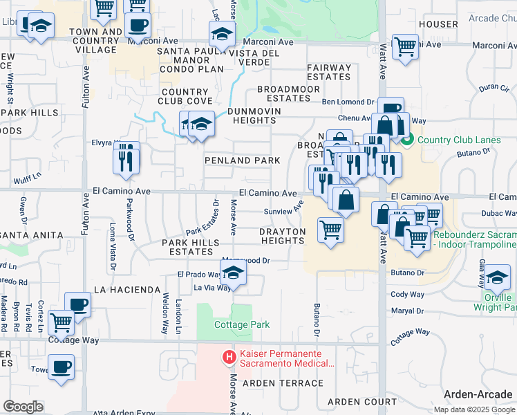 map of restaurants, bars, coffee shops, grocery stores, and more near 3121 Sunview Avenue in Sacramento