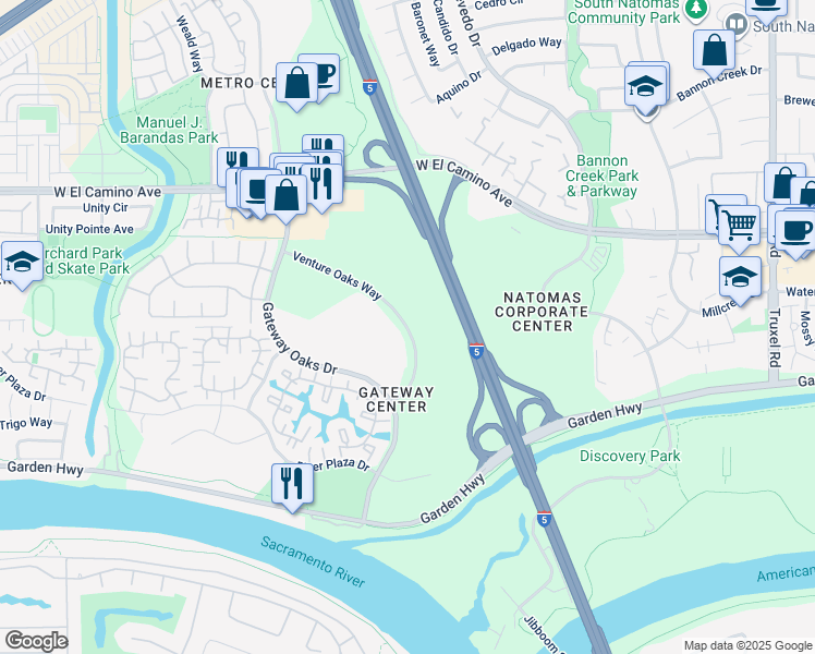 map of restaurants, bars, coffee shops, grocery stores, and more near 2473 Venture Oaks Way in Sacramento