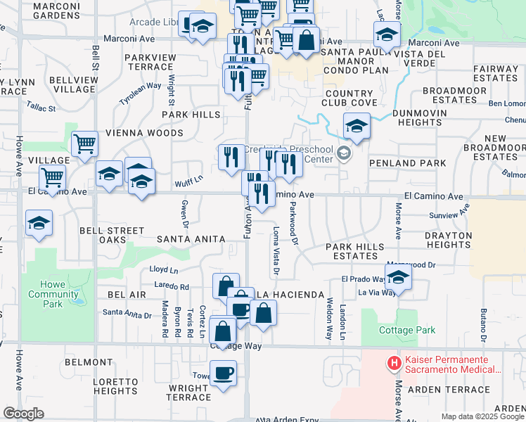 map of restaurants, bars, coffee shops, grocery stores, and more near 2440 Fulton Avenue in Sacramento
