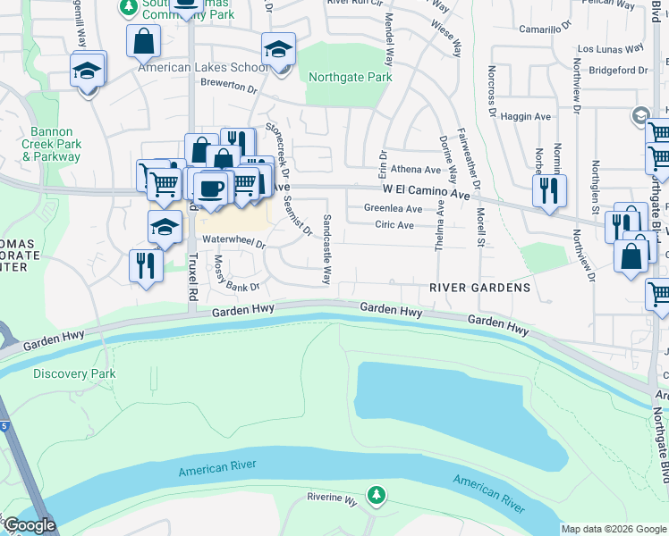 map of restaurants, bars, coffee shops, grocery stores, and more near 2237 Sandcastle Way in Sacramento