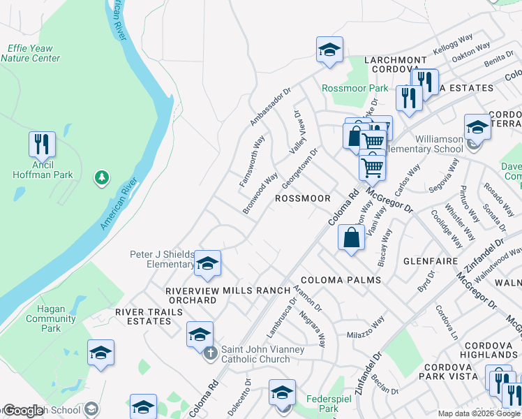 map of restaurants, bars, coffee shops, grocery stores, and more near 10505 Georgetown Drive in Rancho Cordova