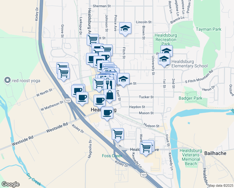 map of restaurants, bars, coffee shops, grocery stores, and more near 245 East Street in Healdsburg