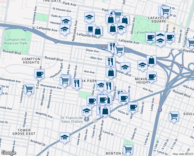 map of restaurants, bars, coffee shops, grocery stores, and more near 2638 Ann Avenue in St. Louis