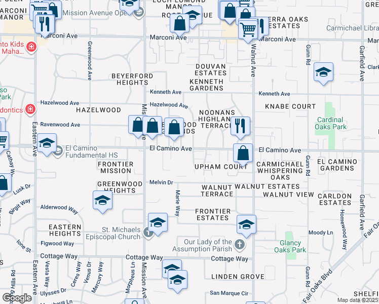 map of restaurants, bars, coffee shops, grocery stores, and more near 2302 Via Camino Avenue in Carmichael