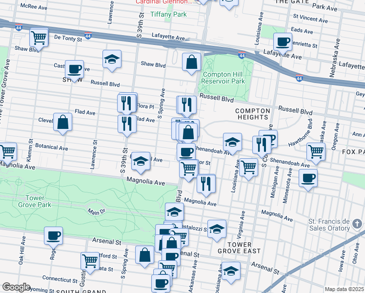 map of restaurants, bars, coffee shops, grocery stores, and more near 2249 South Grand Boulevard in St. Louis