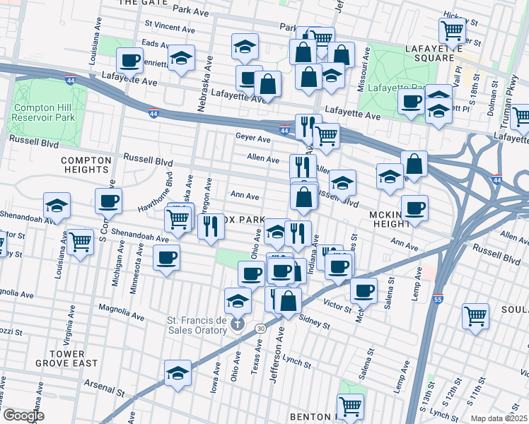 map of restaurants, bars, coffee shops, grocery stores, and more near 2638 Ann Avenue in St. Louis