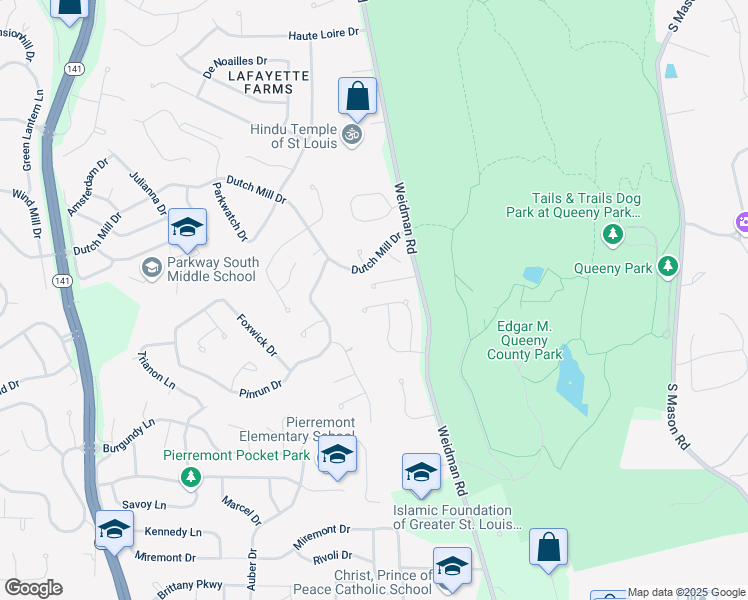 map of restaurants, bars, coffee shops, grocery stores, and more near 1369 Nykiel Court in Ballwin