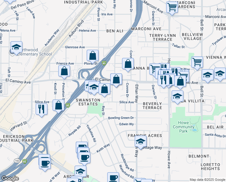 map of restaurants, bars, coffee shops, grocery stores, and more near 2416 Albatross Way in Sacramento