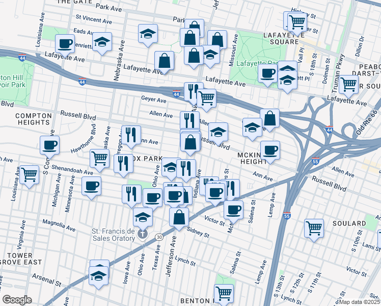 map of restaurants, bars, coffee shops, grocery stores, and more near 2200 South Jefferson Avenue in St. Louis