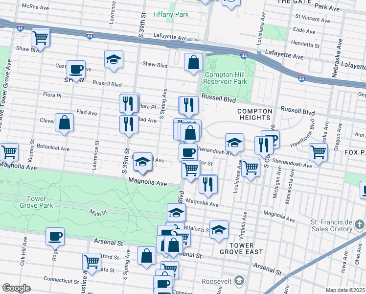 map of restaurants, bars, coffee shops, grocery stores, and more near 2249 South Grand Boulevard in St. Louis
