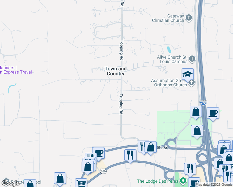 map of restaurants, bars, coffee shops, grocery stores, and more near 1745 Topping Road in St. Louis
