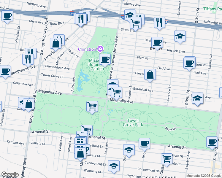 map of restaurants, bars, coffee shops, grocery stores, and more near 2363 Tower Grove Avenue in St. Louis