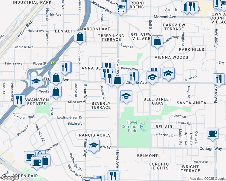 map of restaurants, bars, coffee shops, grocery stores, and more near 2160 El Camino Avenue in Sacramento