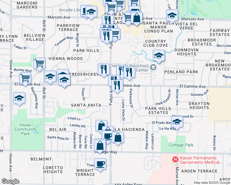 map of restaurants, bars, coffee shops, grocery stores, and more near 2440 Fulton Avenue in Sacramento