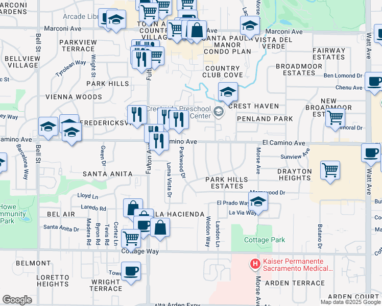 map of restaurants, bars, coffee shops, grocery stores, and more near 2443 Sandringham Road in Sacramento
