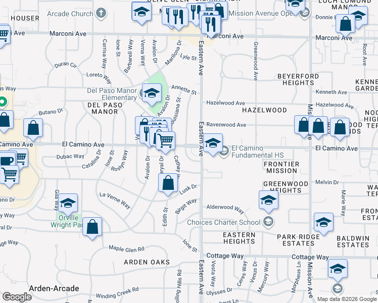 map of restaurants, bars, coffee shops, grocery stores, and more near 4250 El Camino Avenue in Sacramento