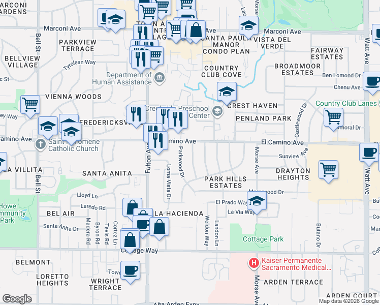 map of restaurants, bars, coffee shops, grocery stores, and more near 2443 Sandringham Road in Sacramento