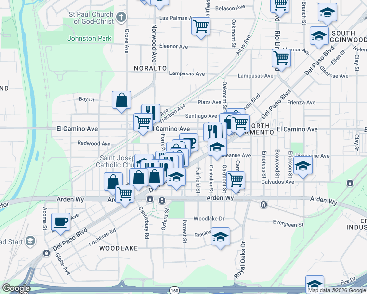 map of restaurants, bars, coffee shops, grocery stores, and more near 538 Redwood Avenue in Sacramento