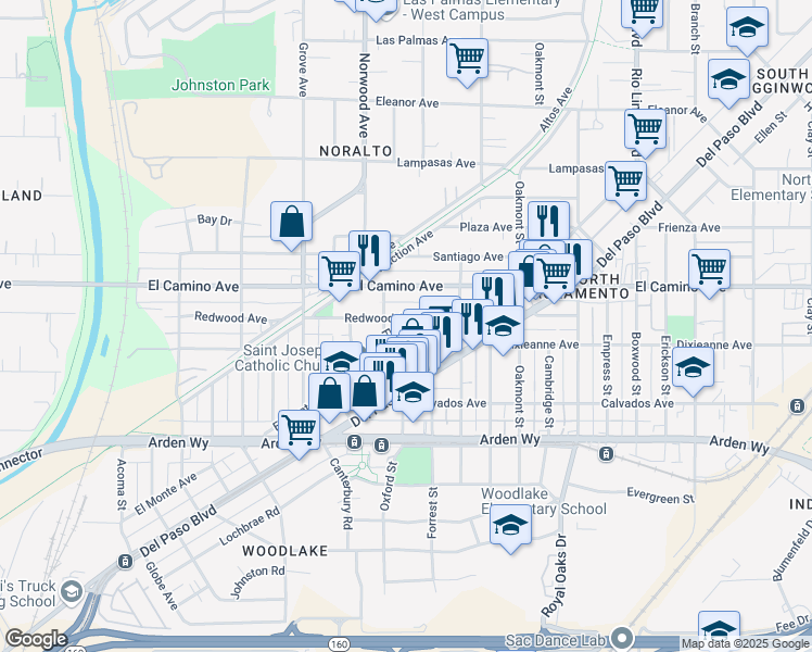 map of restaurants, bars, coffee shops, grocery stores, and more near 538 Redwood Avenue in Sacramento