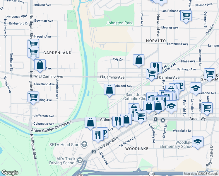 map of restaurants, bars, coffee shops, grocery stores, and more near 110 Redwood Avenue in Sacramento