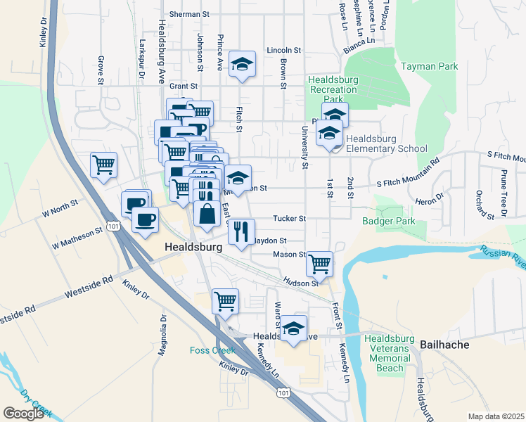 map of restaurants, bars, coffee shops, grocery stores, and more near 208 Fitch Street in Healdsburg