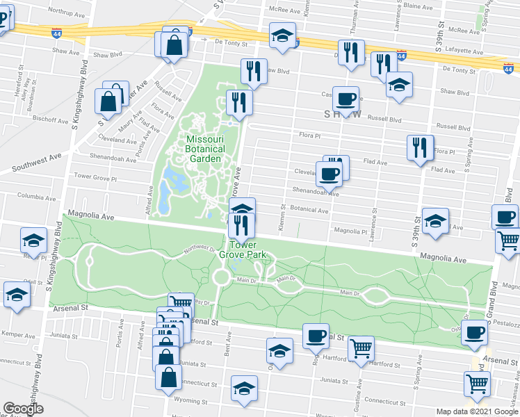 map of restaurants, bars, coffee shops, grocery stores, and more near 4250 Botanical Avenue in St. Louis