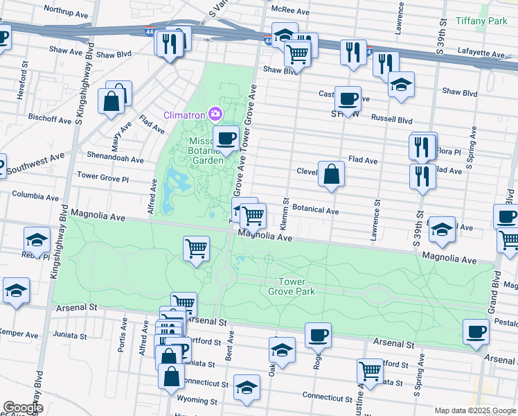 map of restaurants, bars, coffee shops, grocery stores, and more near 4250 Botanical Avenue in St. Louis