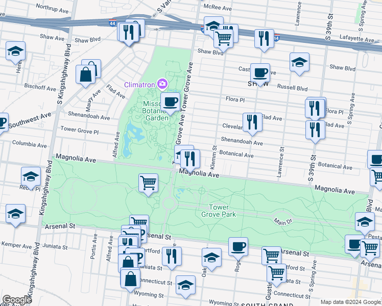 map of restaurants, bars, coffee shops, grocery stores, and more near 4250 Botanical Avenue in St. Louis