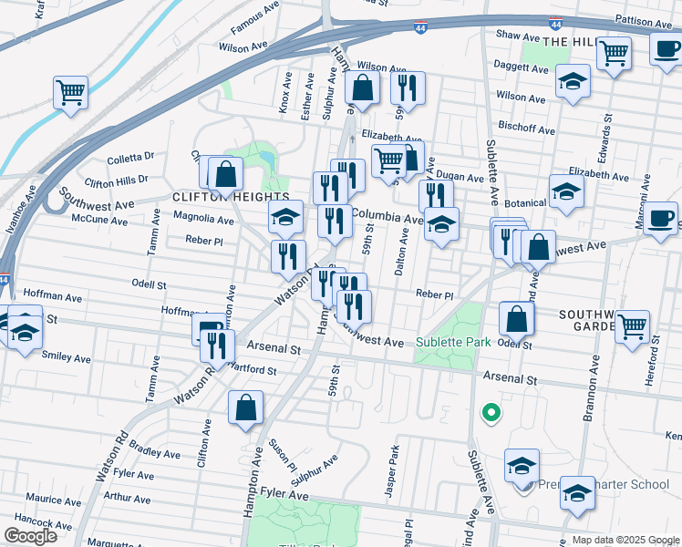 map of restaurants, bars, coffee shops, grocery stores, and more near in St. Louis