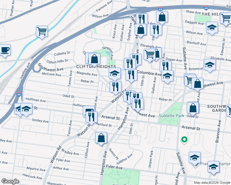 map of restaurants, bars, coffee shops, grocery stores, and more near in St. Louis
