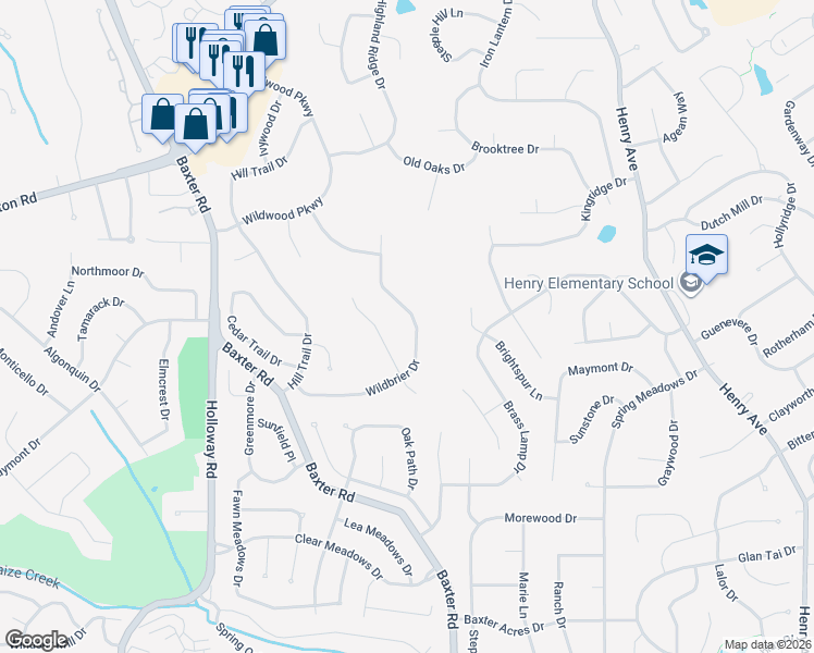 map of restaurants, bars, coffee shops, grocery stores, and more near 313 Wildbrier Drive in Ballwin