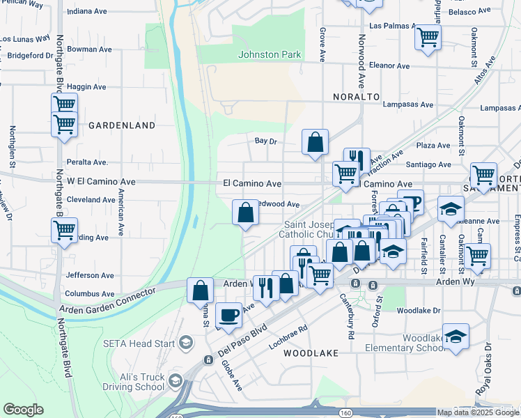 map of restaurants, bars, coffee shops, grocery stores, and more near 168 Redwood Avenue in Sacramento