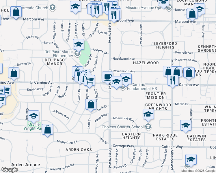 map of restaurants, bars, coffee shops, grocery stores, and more near 4250 El Camino Avenue in Sacramento