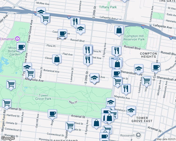 map of restaurants, bars, coffee shops, grocery stores, and more near 3868 Shenandoah Avenue in St. Louis