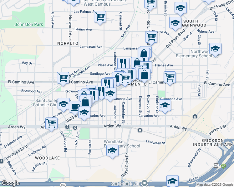 map of restaurants, bars, coffee shops, grocery stores, and more near 2200 Del Paso Blvd in Sacramento