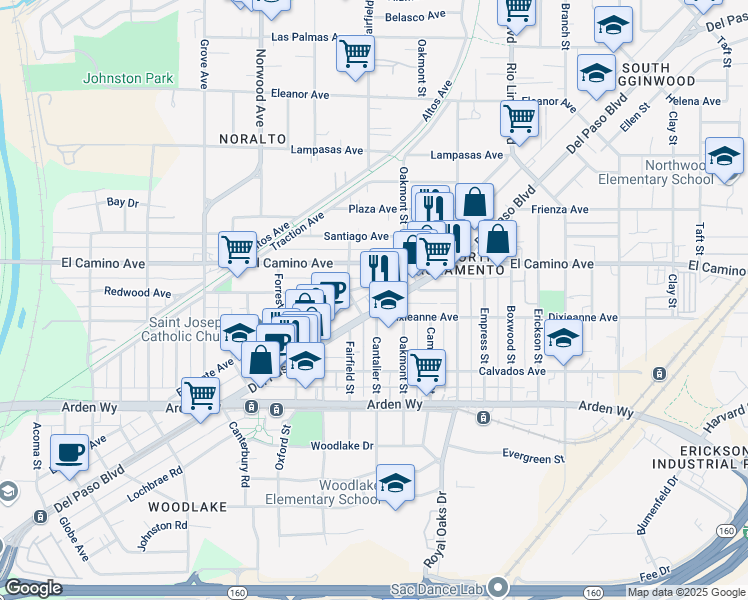 map of restaurants, bars, coffee shops, grocery stores, and more near 2021 Del Paso Blvd in Sacramento