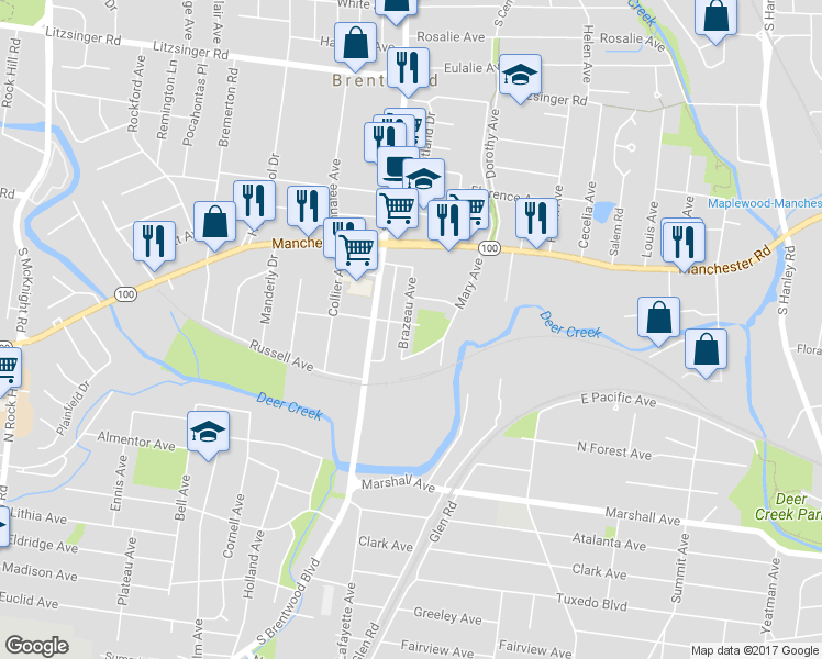 map of restaurants, bars, coffee shops, grocery stores, and more near 2904 Brazeau Avenue in Brentwood