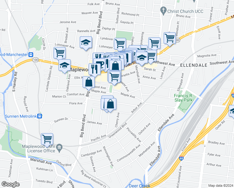 map of restaurants, bars, coffee shops, grocery stores, and more near 7386 Maple Avenue in Maplewood
